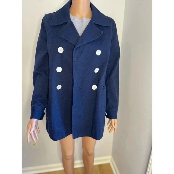 J Crew Heavyweight  Cotton Peacoat size 6 Navy Twill preppy nautical - Picture 2 of 12